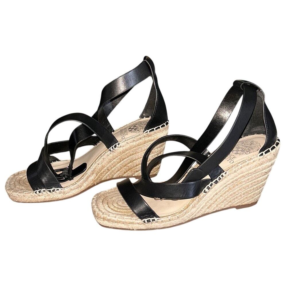 Vince Camuto Mesteria Black Leather Espadrille 3" Wedge Sandals 7 - Picture 4 of 9